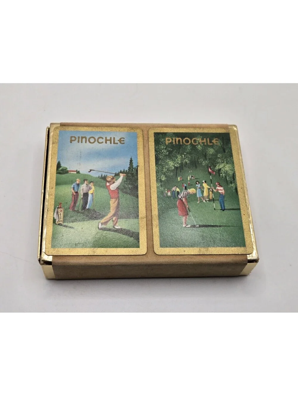 Vintage Golf Duratone 2 Deck Box PINOCHLE Playing Cards Plastic Coated Complete